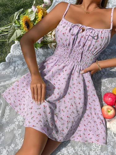 Women Floral Boho Spaghetti Strap Sundress Sleeveless Smocked A Line Mini Dress