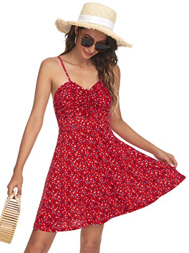 Spaghetti Strap Floral Mini Dress Women's Casual Ruched Front Drawstring Swing Sundress