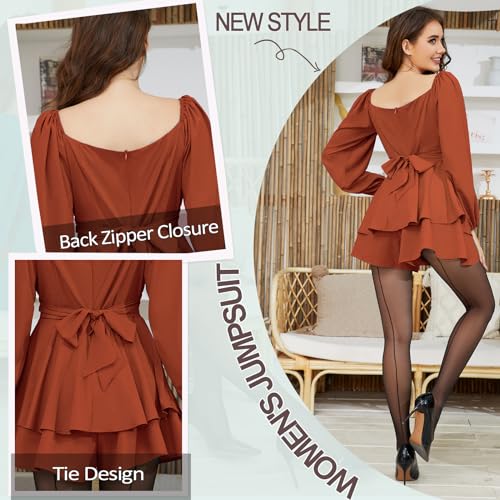 Women's Lantern Short Romper - Long Sleeve Ruffle Layer Mini Dress Waist Tie Jumpsuit