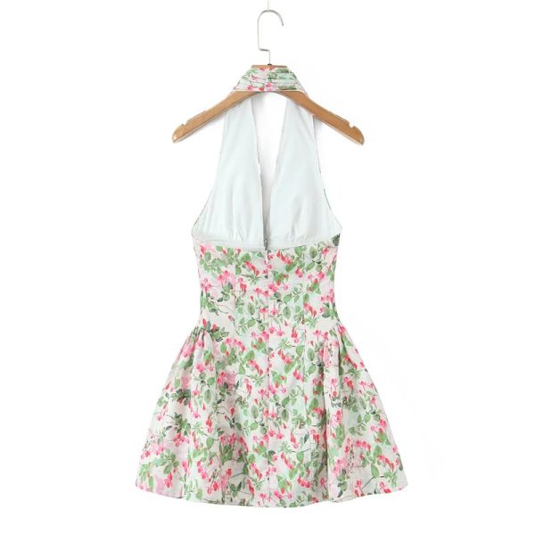 Women's Vintage Backless Floral Print Dresses Deep V Neck A-Line Mini Holiday Dress