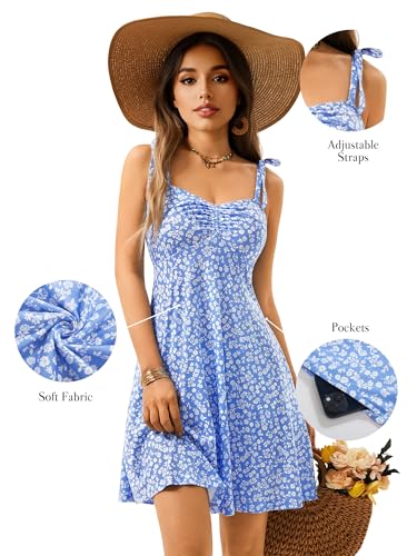 Women's Spring Sweetheart Neckline Tie Strap Summer Sundresses Sleeveless Mini Dress with Pockets