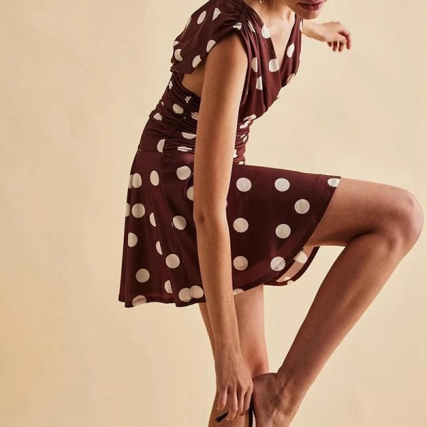 Women's Vintage Dots Sleeveless Dresses Deep V-Neck Tie-Up Back Ruched Short A-Line Tank Dress
