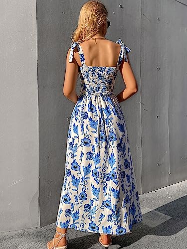 Women's Summer Floral Dresses 2025 Beach Vacation Casual Blue and White Long Maxi Sundresses