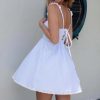 Women's Lace Spliced Spaghetti Straps Short Dress Backless High Waist A-Line Casual Dresses