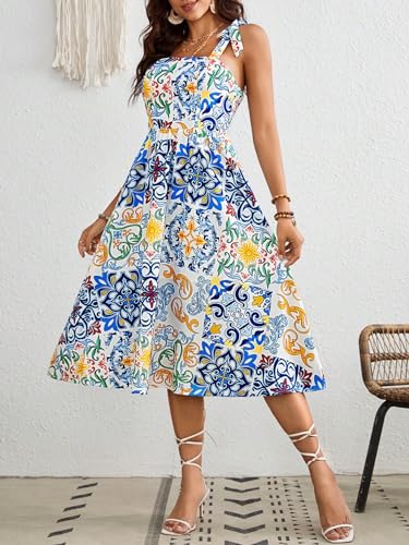 Women's Floral Print Tie Strap Square Neck Ruffle Boho Maxi Dress