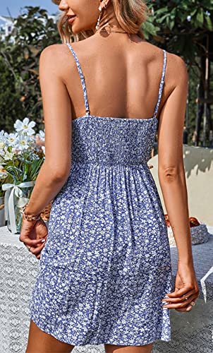 Women's Summer Spaghetti Strap Floral Print High Waist Ruched Holiday Short Cami Dress
