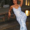 Women Vintage Spaghetti Strap Maxi Dress Sexy Low Cut Backless Floral Satin Slip Long Dress Y2k Cami Bodycon Dresses