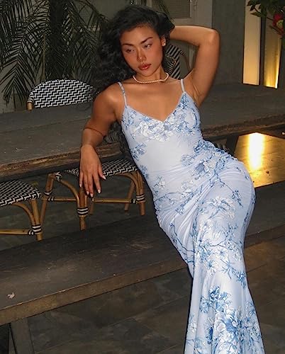 Women Vintage Spaghetti Strap Maxi Dress Sexy Low Cut Backless Floral Satin Slip Long Dress Y2k Cami Bodycon Dresses