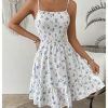 Women's Summer Floral Mini Dress Smocked Ruffle Spaghetti Strap Flowy Boho Cami Dress