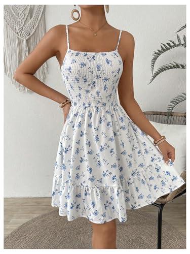 Women's Summer Floral Mini Dress Smocked Ruffle Spaghetti Strap Flowy Boho Cami Dress