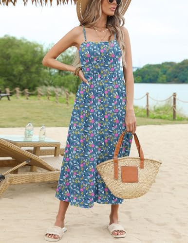 Women's Summer Casual Boho Sundress Spaghetti Strap Square Neck Flowy Midi Dresses A Line Beach Dress with Pockets