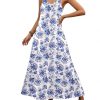 Womens Summer Maxi Dress Spaghetti Strap Casual Printed Dress Boho Floral Beach Sundress,