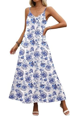 Womens Summer Maxi Dress Spaghetti Strap Casual Printed Dress Boho Floral Beach Sundress,