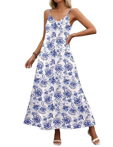 Womens Summer Maxi Dress Spaghetti Strap Casual Printed Dress Boho Floral Beach Sundress,