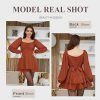 Women's Lantern Short Romper - Long Sleeve Ruffle Layer Mini Dress Waist Tie Jumpsuit