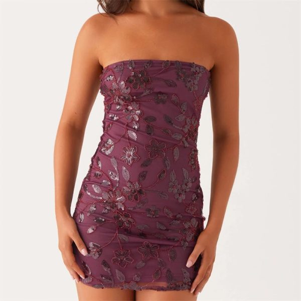 Women's Y2k Beaded Floral Dress Slim Sparkly Sequins Sleeveless Mini Bodycon Dress
