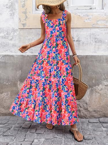 Women Dresses 2025 Summer Floral Sleeveless Maxi Dress Casual Spaghetti Strap Tiered Flowy Beach Long Dress