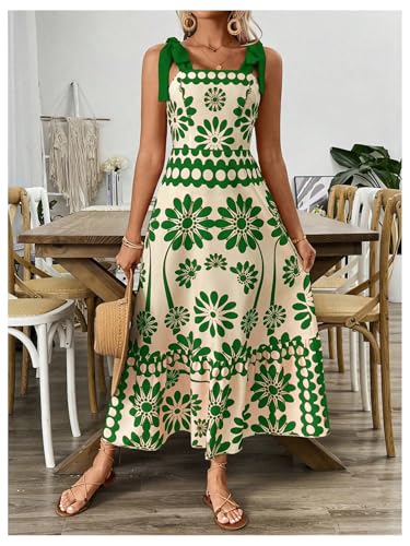 Women's Vintage Sleeveless Tie Shoulder Sundress Floral Print Cami Maxi Dress