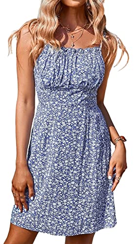 Women's Summer Spaghetti Strap Floral Print High Waist Ruched Holiday Short Cami Dress
