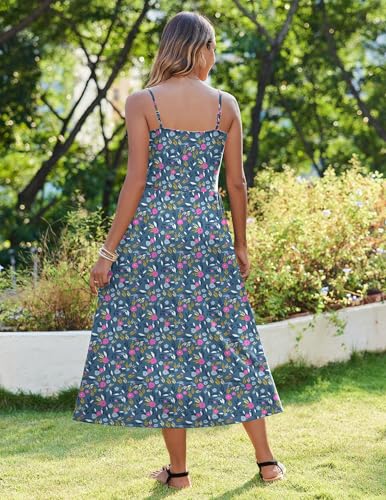 Women's Summer Casual Boho Sundress Spaghetti Strap Square Neck Flowy Midi Dresses A Line Beach Dress with Pockets