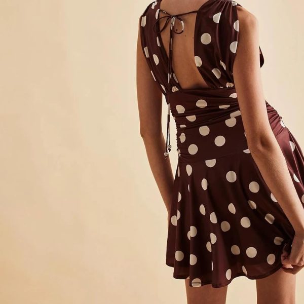 Women's Vintage Dots Sleeveless Dresses Deep V-Neck Tie-Up Back Ruched Short A-Line Tank Dress