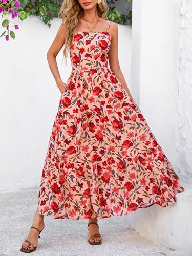Women's Summer Dress 2025 Casual Floral Boho Maxi Dresses Sleeveless Spaghetti Strap Long Beach Sun Dresses