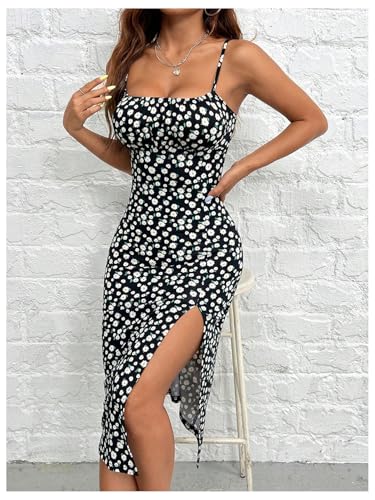 Women's Floral Print Slit Cami Dress Sleeveless Boho Bodycon Midi Dress