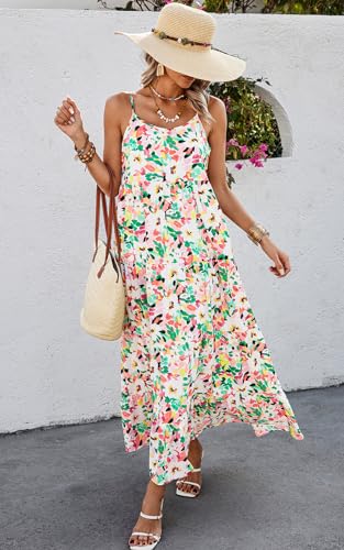 Women Summer Dresses 2025 Spaghetti Strap Scoop Neck Floral Maxi Dress Flowy Boho Long Sundress with Pockets