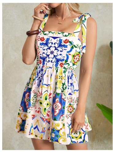 Women's Summer Floral Mini Dress Shirred Tie Shoulder Sleeveless A Line Short Cami Sundresses