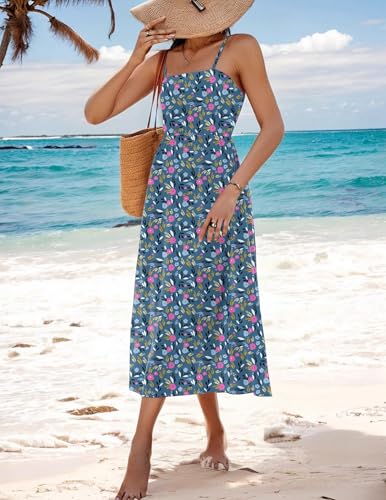 Women's Summer Casual Boho Sundress Spaghetti Strap Square Neck Flowy Midi Dresses A Line Beach Dress with Pockets
