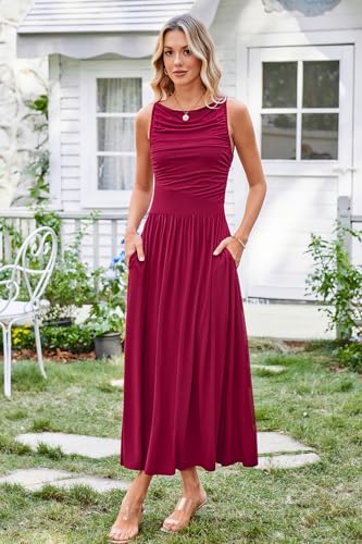 Women 2025 Summer Maxi Dresses Vacation Ruched Boat Neck Tank Flowy Elegant Party Long Formal Dress Pockets