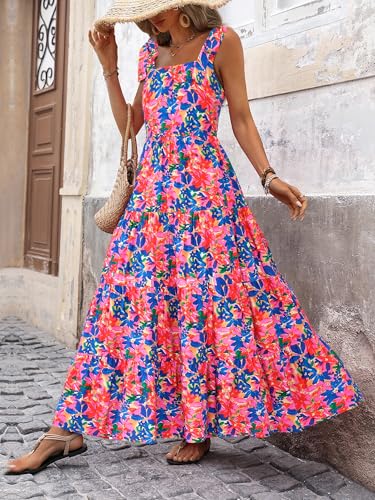 Women Dresses 2025 Summer Floral Sleeveless Maxi Dress Casual Spaghetti Strap Tiered Flowy Beach Long Dress