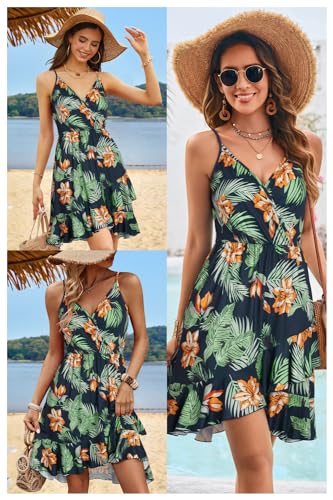Womens Summer Dress 2024 Spring Sundresses Floral Flowy Casual Beach Vacation Wrap V Neck Spaghetti Strap Dresses