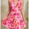Women's Floral Print Sleeveless Halter Neck Layered Hem A Line Mini Dress