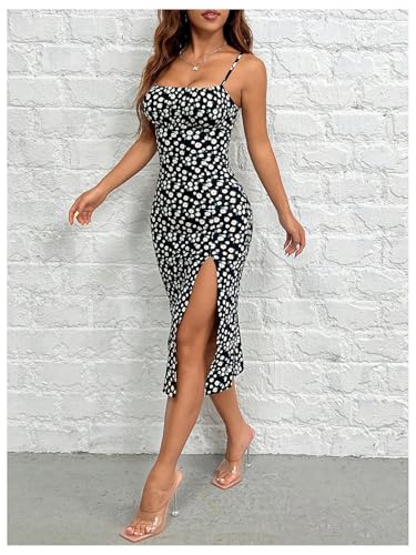 Women's Floral Print Slit Cami Dress Sleeveless Boho Bodycon Midi Dress