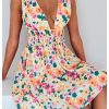 Women's Cut Out Backless Sleeveless Shirred Floral A Line Short Dress