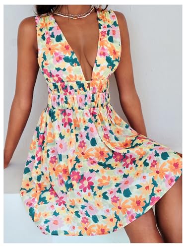 Women's Cut Out Backless Sleeveless Shirred Floral A Line Short Dress