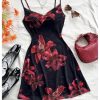 Women's Floral Draped Neck Cami Dress Backless Spaghetti Strap Short Dresses