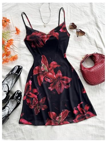 Women's Floral Draped Neck Cami Dress Backless Spaghetti Strap Short Dresses