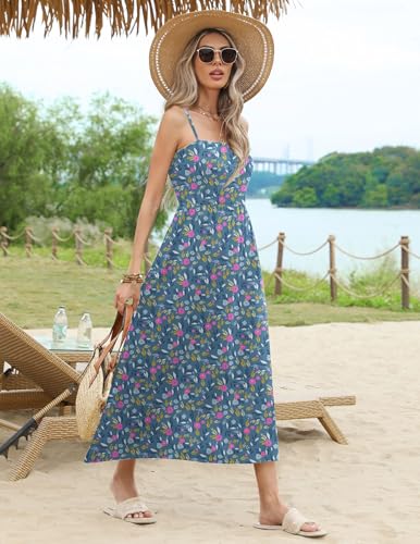 Women's Summer Casual Boho Sundress Spaghetti Strap Square Neck Flowy Midi Dresses A Line Beach Dress with Pockets