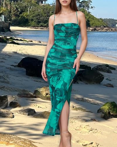 Women's Summer Maxi Dresses 2025 Bodycon Floral Sexy Spaghetti Strap Side Slit Party Cocktail Wedding Guest Mesh Long Dress