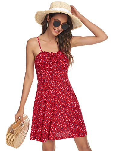 Spaghetti Strap Floral Mini Dress Women's Casual Ruched Front Drawstring Swing Sundress
