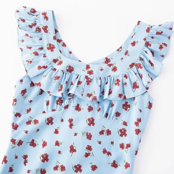 Women's Print Slim Long Dress Ruffle Square Collar Sleeveless Midi Dresses Casual A-Line Vestido
