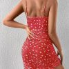 Women's Ditsy Floral Ruched Cami Mini Dress High Waist Spaghetti Strap Pencil Dress