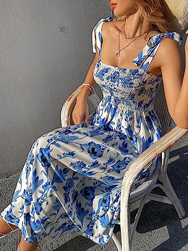 Women's Summer Floral Dresses 2025 Beach Vacation Casual Blue and White Long Maxi Sundresses