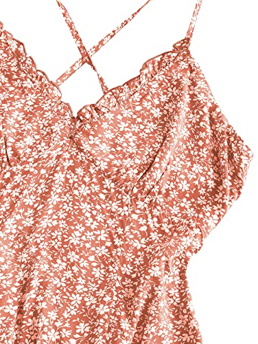 Women's Spaghetti Strap Ditsy Floral Mini Dress V-Neck Cross Back Ruched Frilled A-Line Dresses